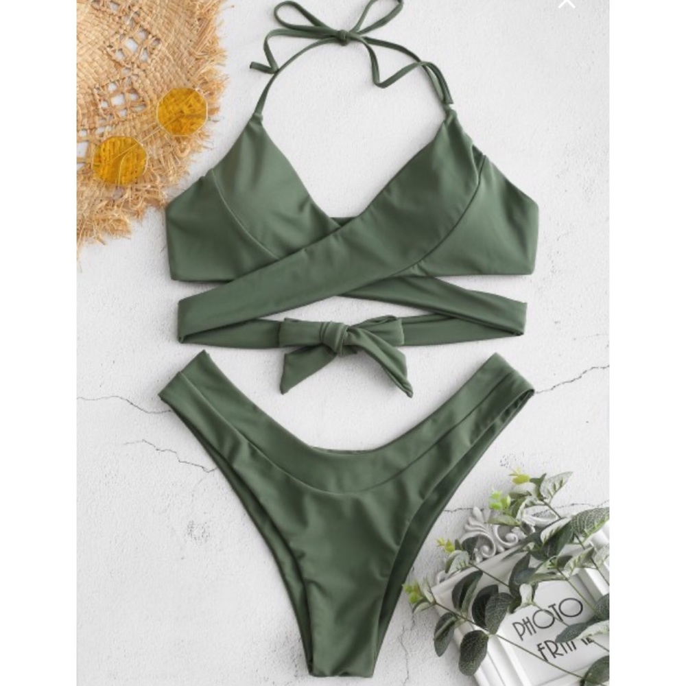 Zaful Wrap High Cut Bikini Set Forest Green